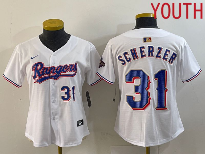 Youth Texas Rangers 31 Scherzer White Champion Game Nike 2024 MLB Jersey style 2